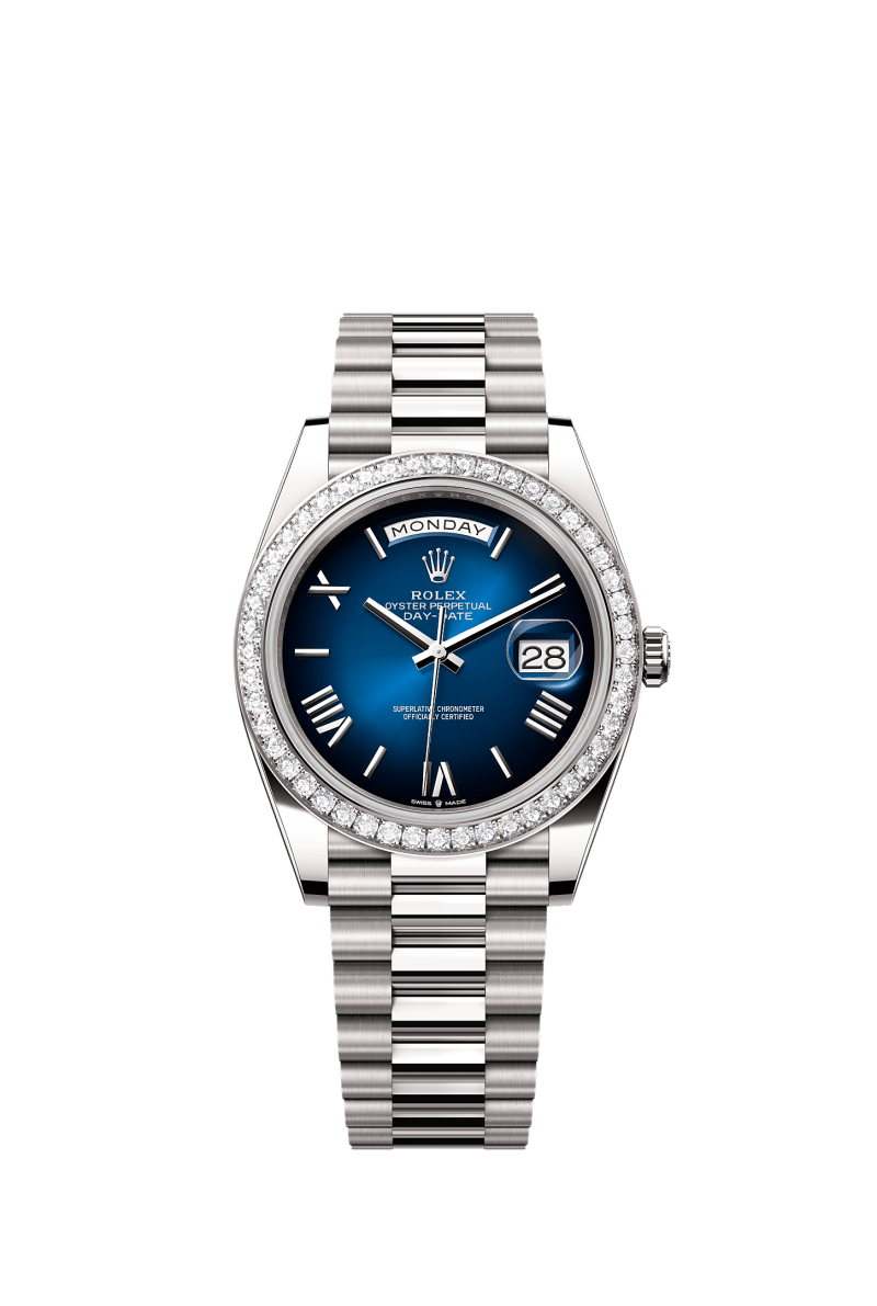 ROLEX DAY-DATE 40MM WHITE GOLD BLUE ROMAN OMBRE DIAL DIAMOND BEZEL PRESIDENT BRACELET 228349RBR
