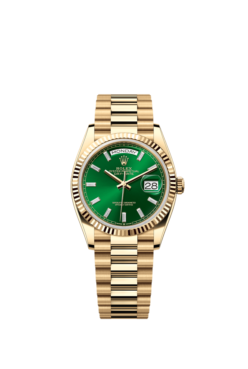 ROLEX DAY-DATE 36MM YELLOW GOLD GREEN DIAMOND BAGUETTE DIAL FLUTED BEZEL PRESIDENT BRACELET 128238