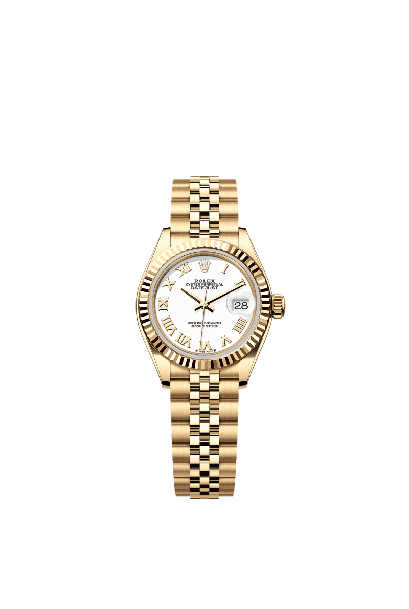 ROLEX LADY-DATEJUST 28MM YELLOW GOLD WHITE ROMAN DIAL FLUTED BEZEL JUBILEE BRACELET 279178