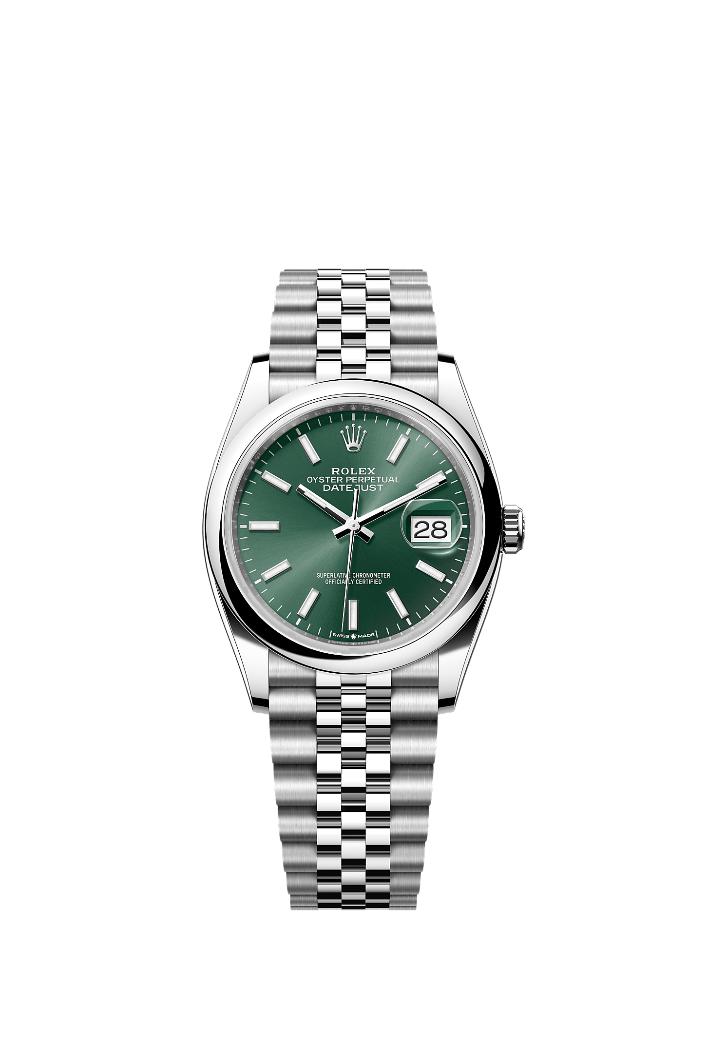 ROLEX DATEJUST 36 MINT GREEN INDEX DIAL SMOOTH BEZEL JUBILEE BRACELET 126200