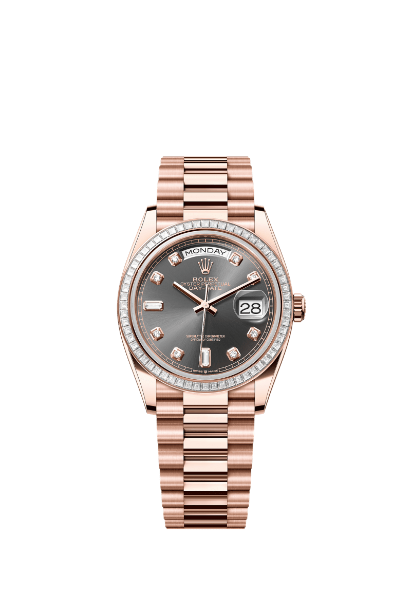 ROLEX DAY-DATE 36MM EVEROSE GOLD RHODIUM DIAMOND DIAL TRAPEZE DIAMOND BEZEL PRESIDENT BRACELET 128395TBR