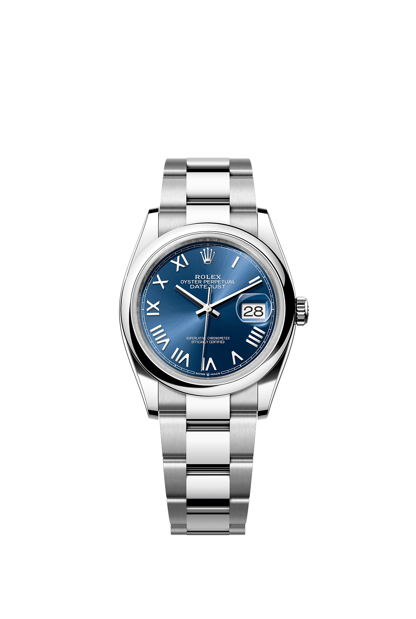 ROLEX DATEJUST 36MM BLUE ROMAN DIAL SMOOTH BEZEL OYSTER BRACELET 126200