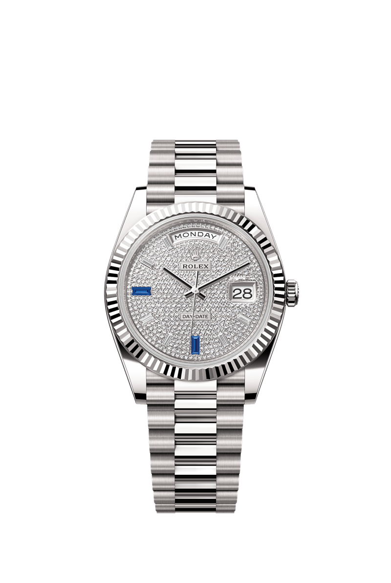 ROLEX DAY-DATE 40MM WHITE GOLD PAVE DIAMOND SAPPHIRE DIAL FLUTED BEZEL PRESIDENT BRACELET 228239