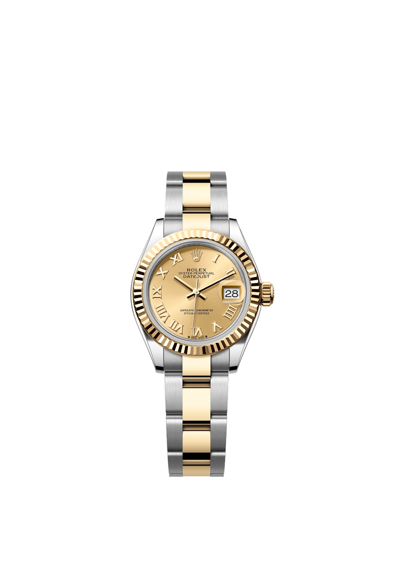 ROLEX LADY-DATEJUST 28MM TWO-TONE YELLOW GOLD CHAMPAGNE ROMAN DIAL FLUTED BEZEL OYSTER BRACELET 279173