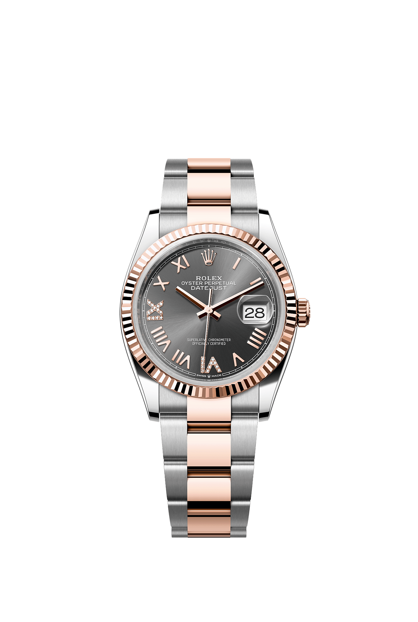 ROLEX DATEJUST 36MM TWO-TONE EVEROSE GOLD SLATE GREY ROMAN DIAMOND DIAL FLUTED BEZEL OYSTER BRACELET 126231