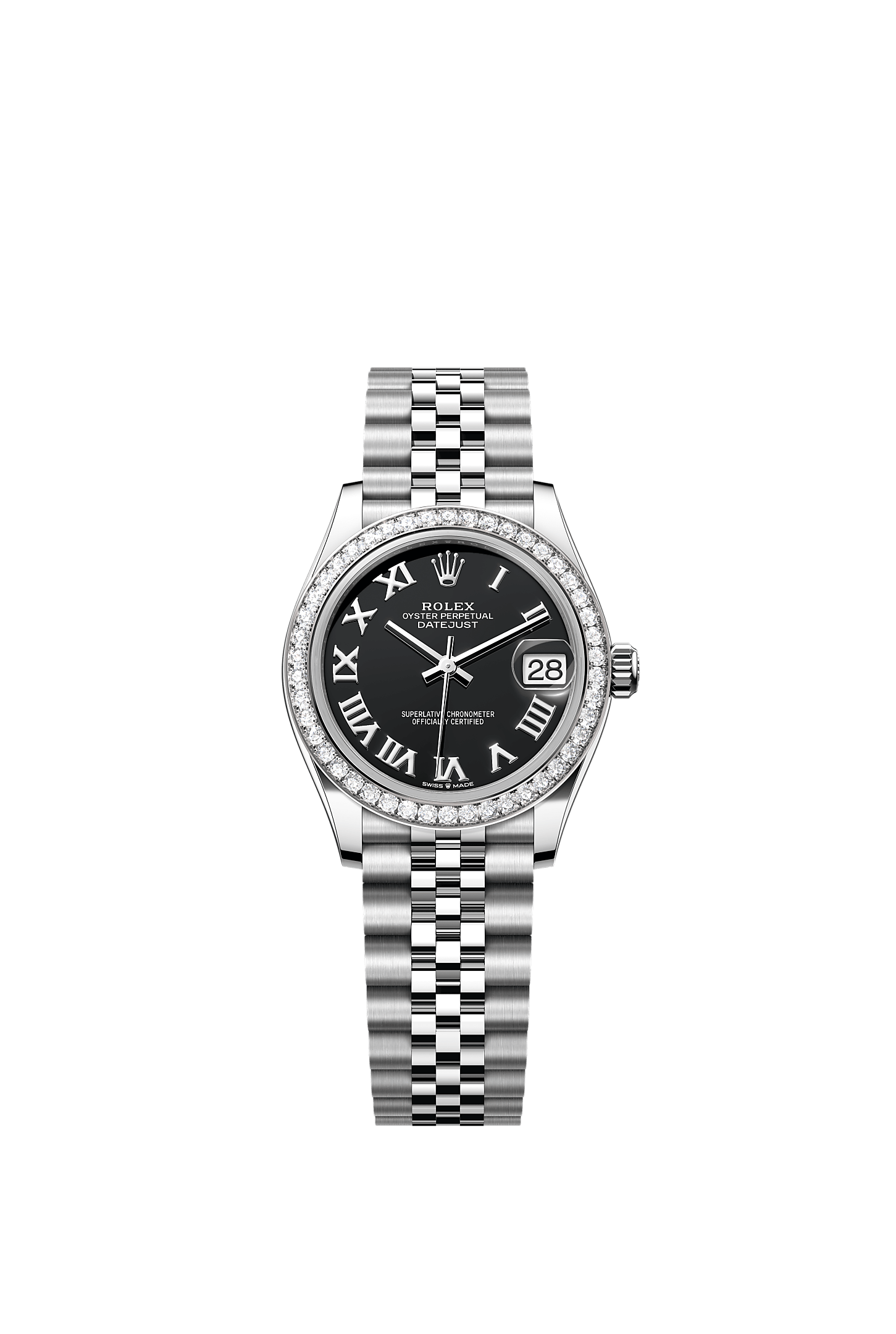 ROLEX LADY-DATEJUST 31MM BLACK ROMAN DIAL DIAMOND BEZEL JUBILEE BRACELET 278384RBR