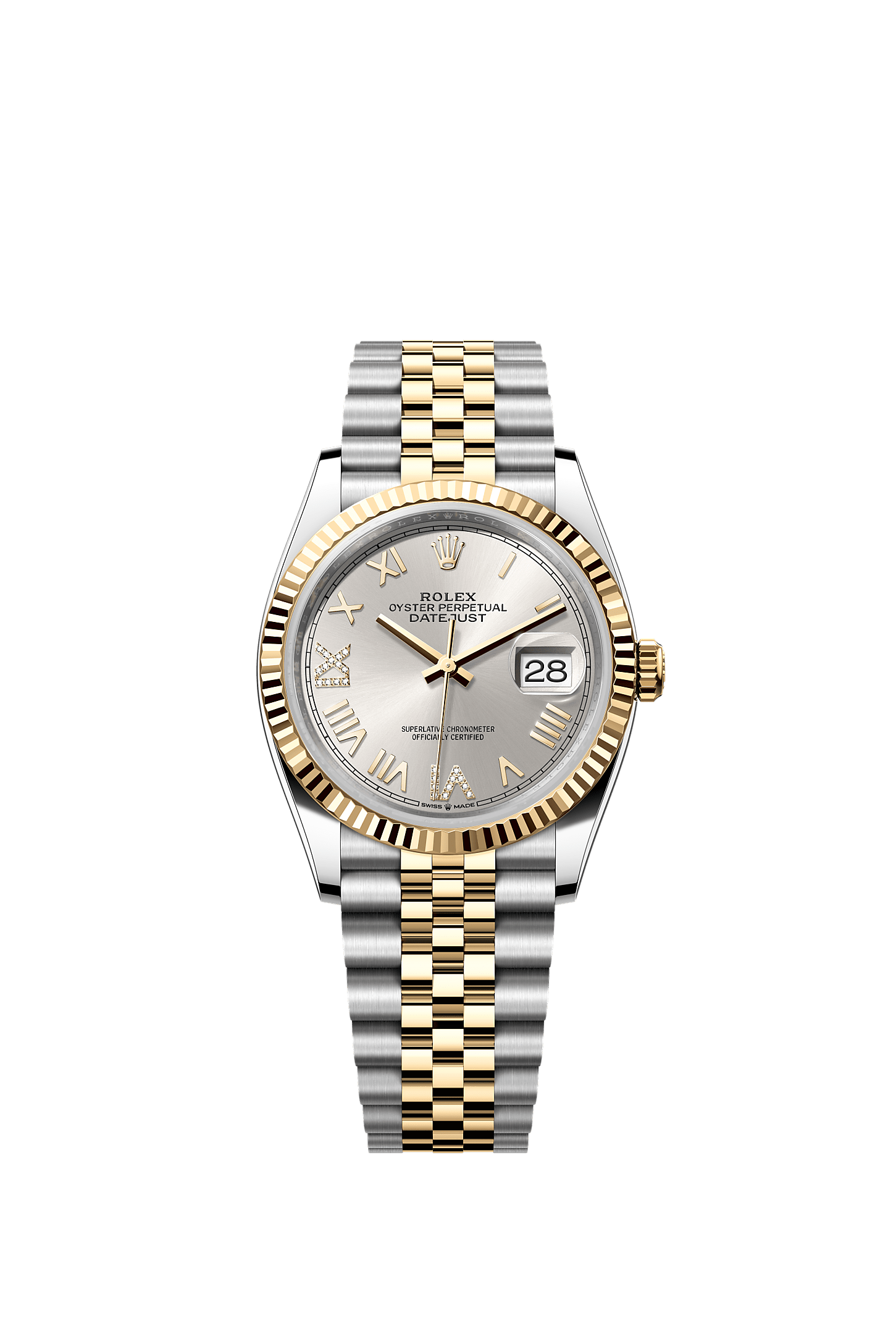 ROLEX DATEJUST 36MM TWO-TONE YELLOW GOLD SILVER ROMAN DIAMOND DIAL FLUTED BEZEL JUBILEE BRACELET 126233