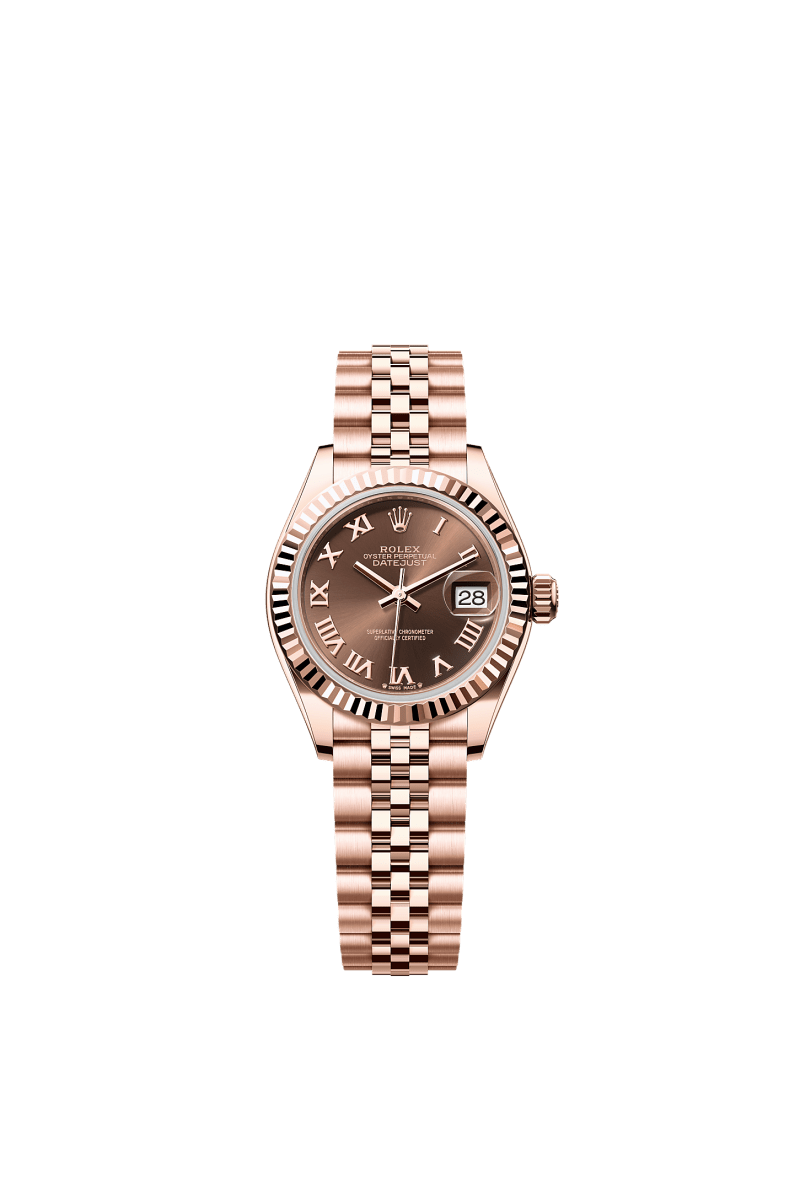 ROLEX LADY-DATEJUST 28MM EVEROSE GOLD CHOCOLATE ROMAN DIAL FLUTED BEZEL JUBILEE BRACELET 279175