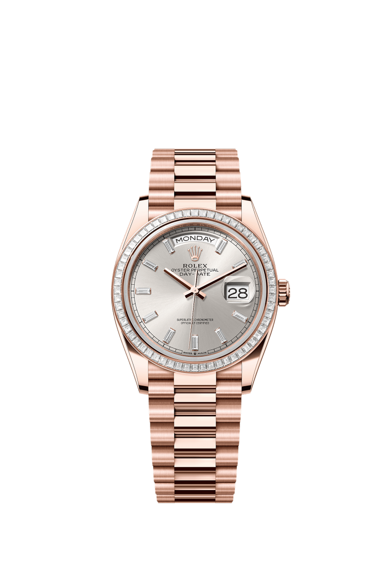 ROLEX DAY-DATE 36MM EVEROSE GOLD SILVER DIAMOND BAGUETTE DIAL TRAPEZE DIAMOND BEZEL PRESIDENT BRACELET 128395TBR