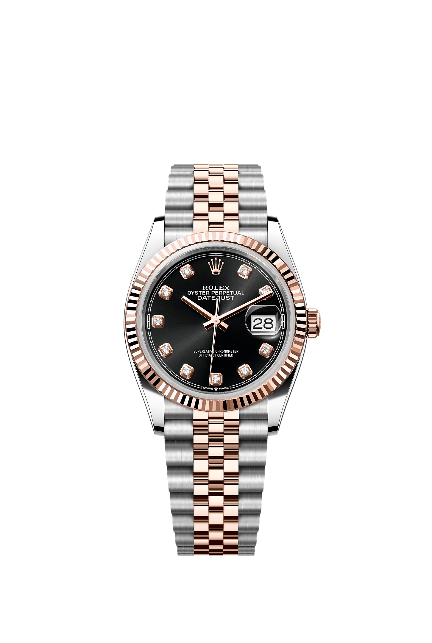 ROLEX DATEJUST 36MM TWO-TONE EVEROSE GOLD BLACK DIAMOND DIAL FLUTED BEZEL JUBILEE BRACELET 126231