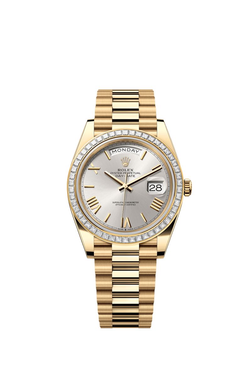 ROLEX DAY-DATE 40MM YELLOW GOLD SILVER ROMAN DIAL TRAPEZE DIAMOND BEZEL PRESIDENT BRACELET 228398TBR
