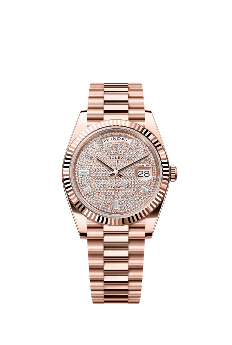 ROLEX DAY-DATE 40MM EVEROSE GOLD DIAMOND PAVE DIAL FLUTED BEZEL PRESIDENT BRACELET 228235