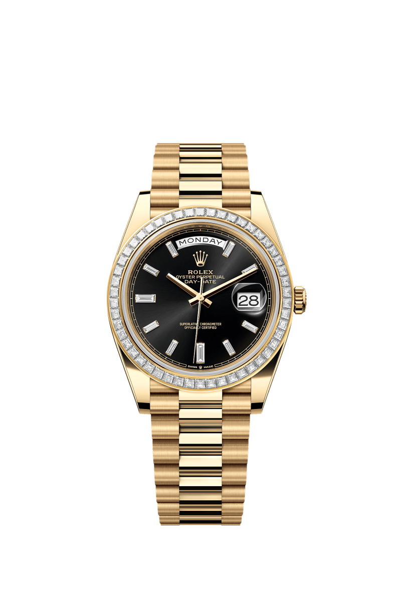 ROLEX DAY-DATE 40MM YELLOW GOLD PRESIDENT DAY DATE 40MM BLACK DIAMOND BAGUETTE DIAL TRAPEZE DIAMOND BEZEL PRESIDENT BRACELET 228398TBR