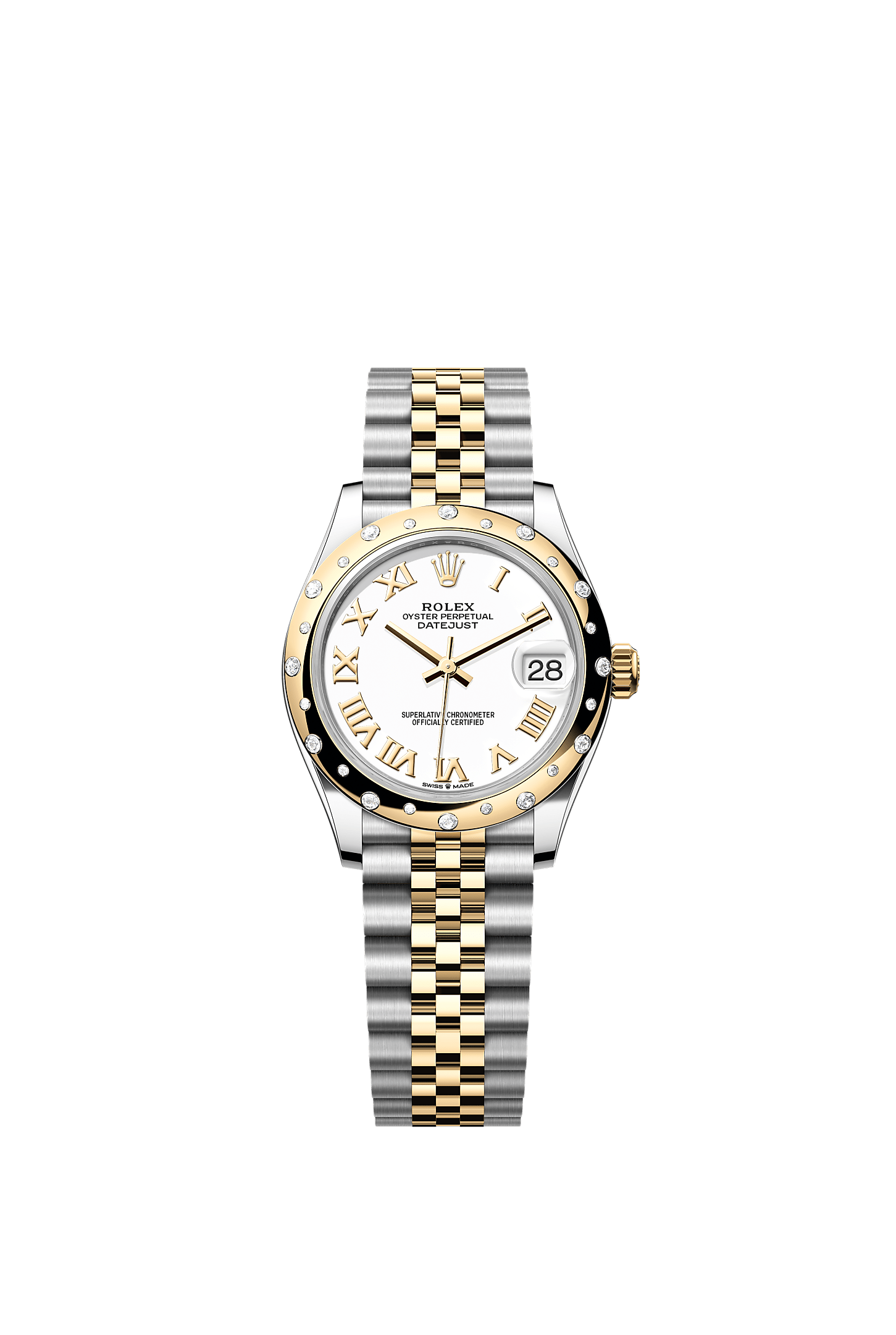 ROLEX LADY-DATEJUST 31MM TWO-TONE YELLOW GOLD WHITE ROMAN DIAL DIAMOND DOMED BEZEL JUBILEE BRACELET 278343RBR