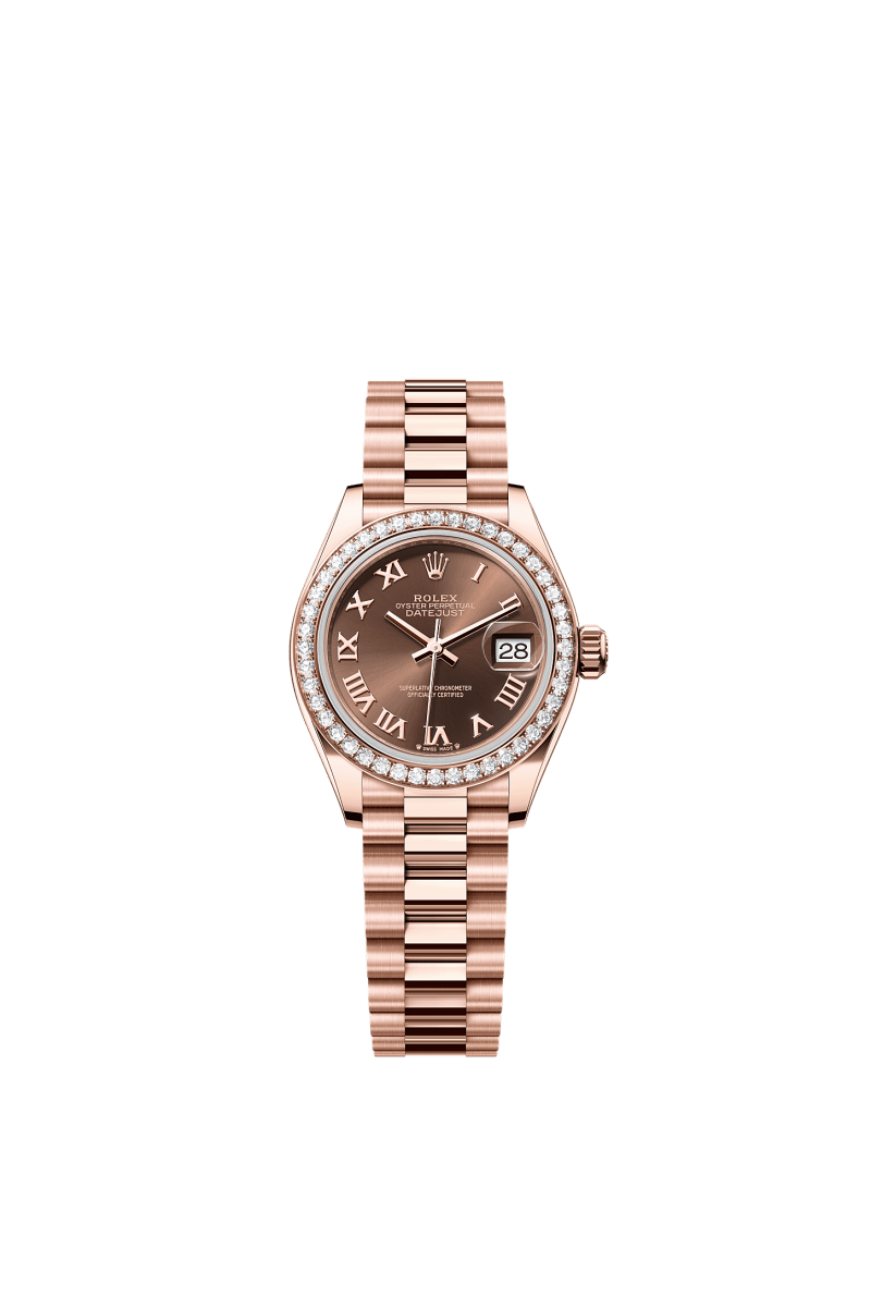ROLEX LADY-DATEJUST 28MM EVEROSE GOLD CHOCOLATE ROMAN DIAL DIAMOND-SET BEZEL PRESIDENT BRACELET 279135RBR