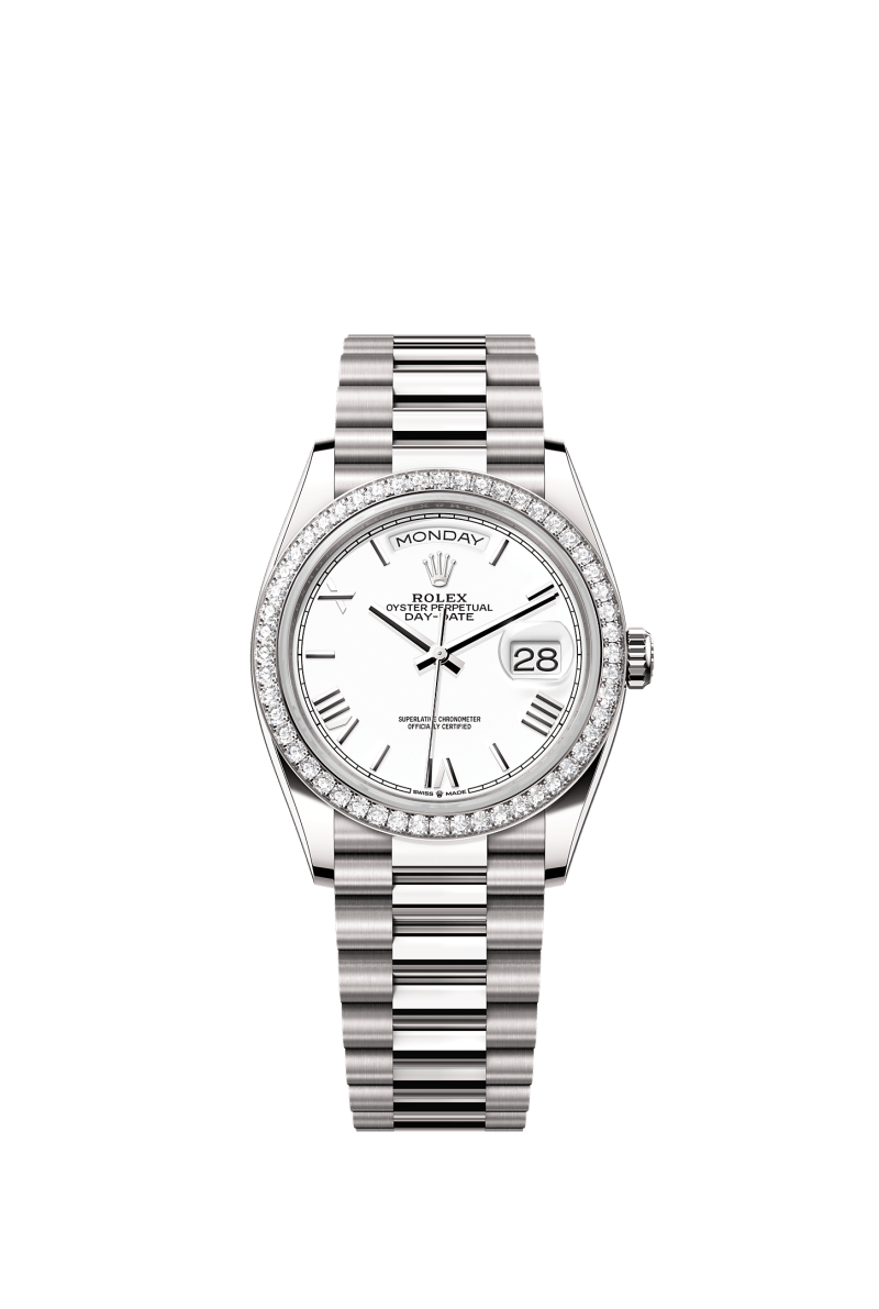 ROLEX DAY-DATE 36MM WHITE GOLD WHITE ROMAN DIAL DIAMOND BEZEL PRESIDENT BRACELET 128349RBR