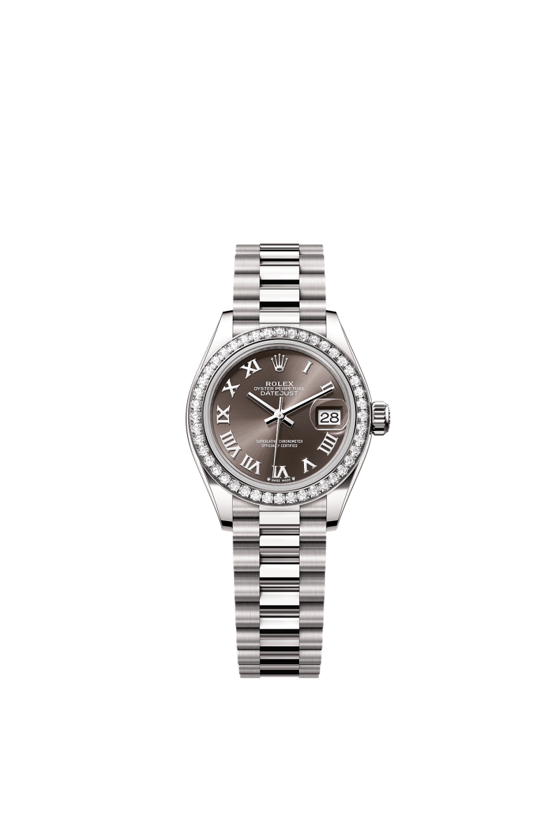 ROLEX LADY-DATEJUST 28MM WHITE GOLD DARK GREY ROMAN DIAL DIAMOND-SET BEZEL PRESIDENT BRACELET 279139RBR