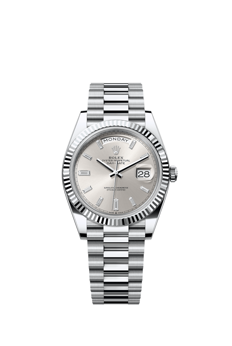 ROLEX DAY-DATE 40MM PLATINUM SILVER DIAMOND BAGUETTE DIAL FLUTED BEZEL PRESIDENT BRACELET 228236