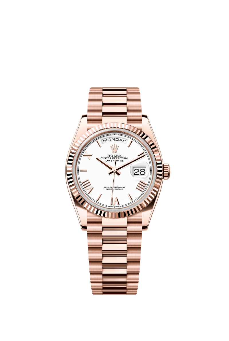 ROLEX DAY-DATE 36MM EVEROSE GOLD WHITE ROMAN DIAL FLUTED BEZEL PRESIDENT BRACELET 128235