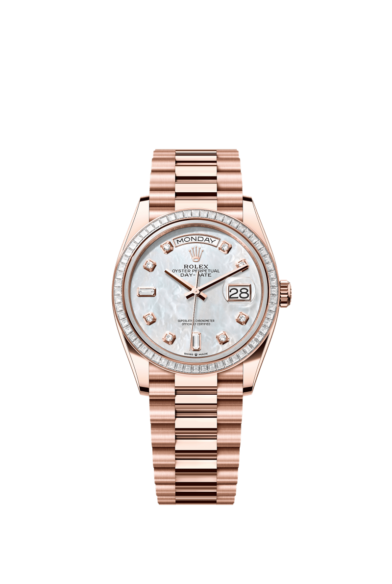 ROLEX DAY-DATE 36MM EVEROSE GOLD MOTHER OF PEARL DIAMOND DIAL TRAPEZE DIAMOND BEZEL PRESIDENT BRACELET 128395TBR