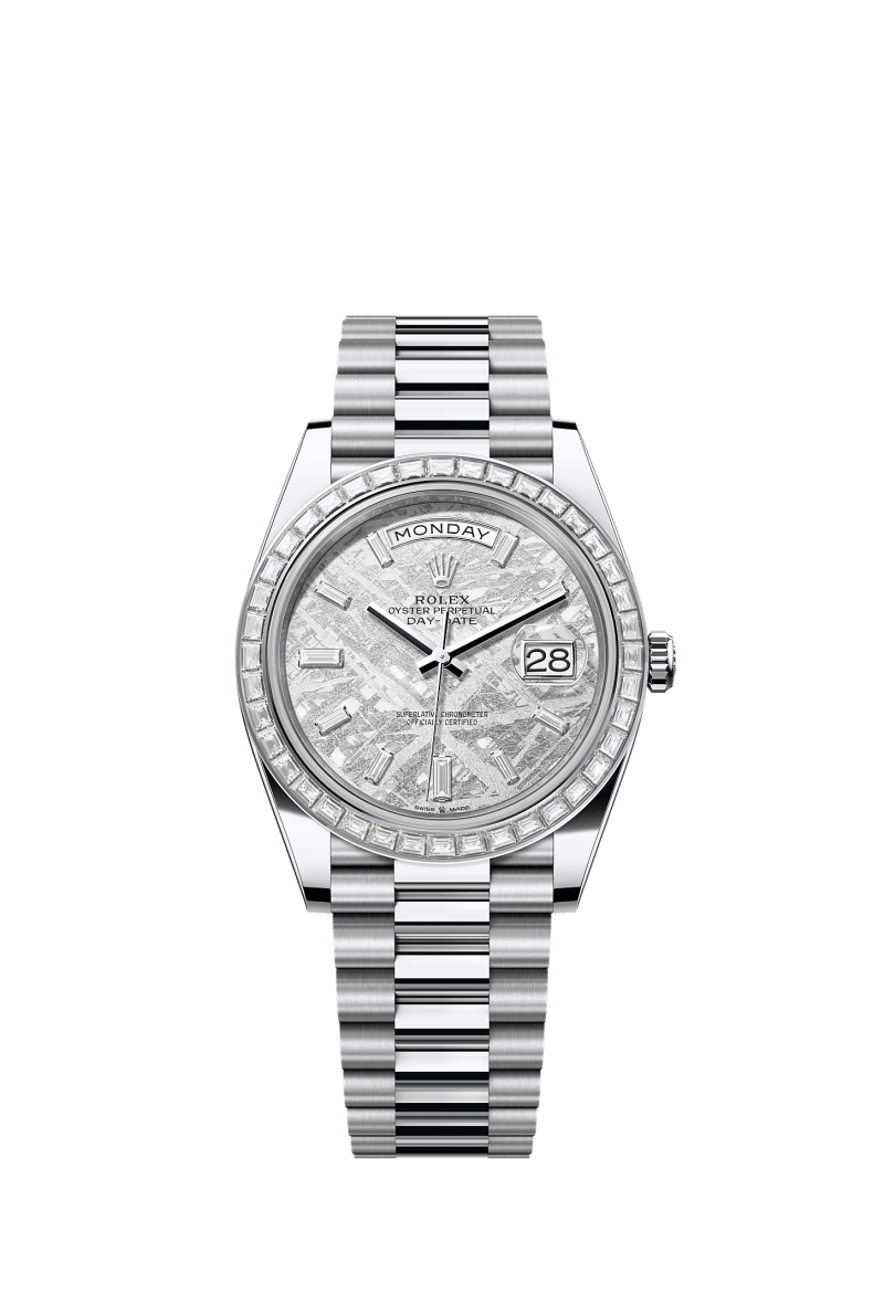 ROLEX DAY-DATE 40MM PLATINUM METEORITE DIAMOND BAGUETTE DIAL TRAPEZE DIAMOND BEZEL PRESIDENT BRACELET 228396TBR