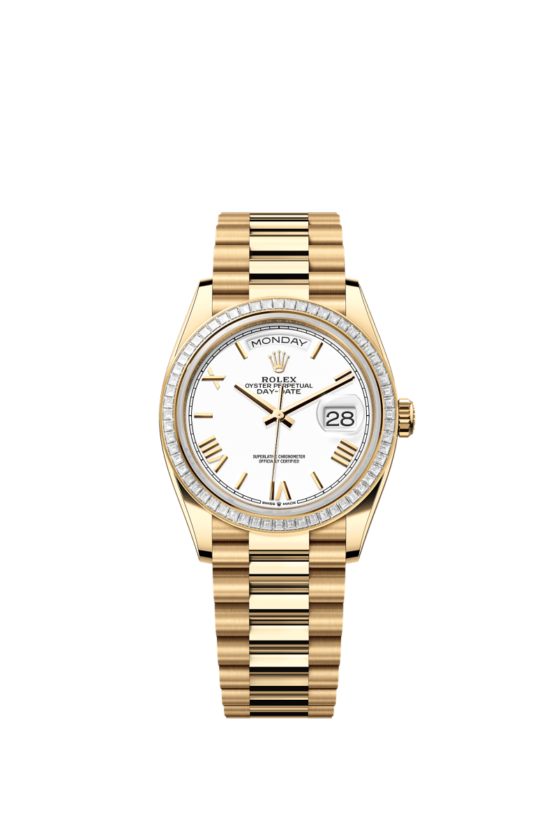 ROLEX DAY-DATE 36MM YELLOW GOLD WHITE ROMAN DIAL TRAPEZE DIAMOND BEZEL PRESIDENT BRACELET 128398TBR