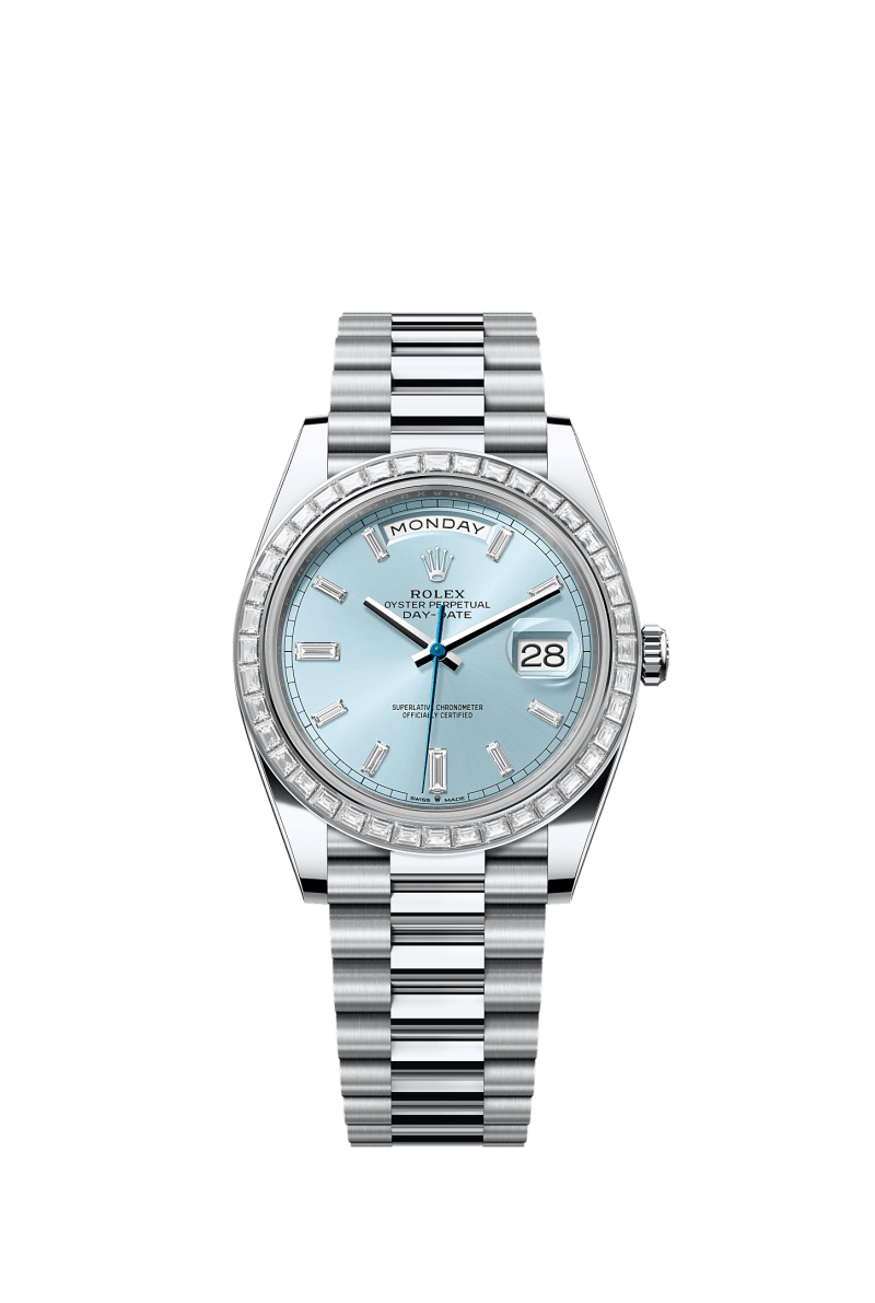 ROLEX DAY-DATE 40MM PLATINUM ICE BLUE BAGUETTE DIAL TRAPEZE DIAMOND BEZEL PRESIDENT BRACELET 228396TBR
