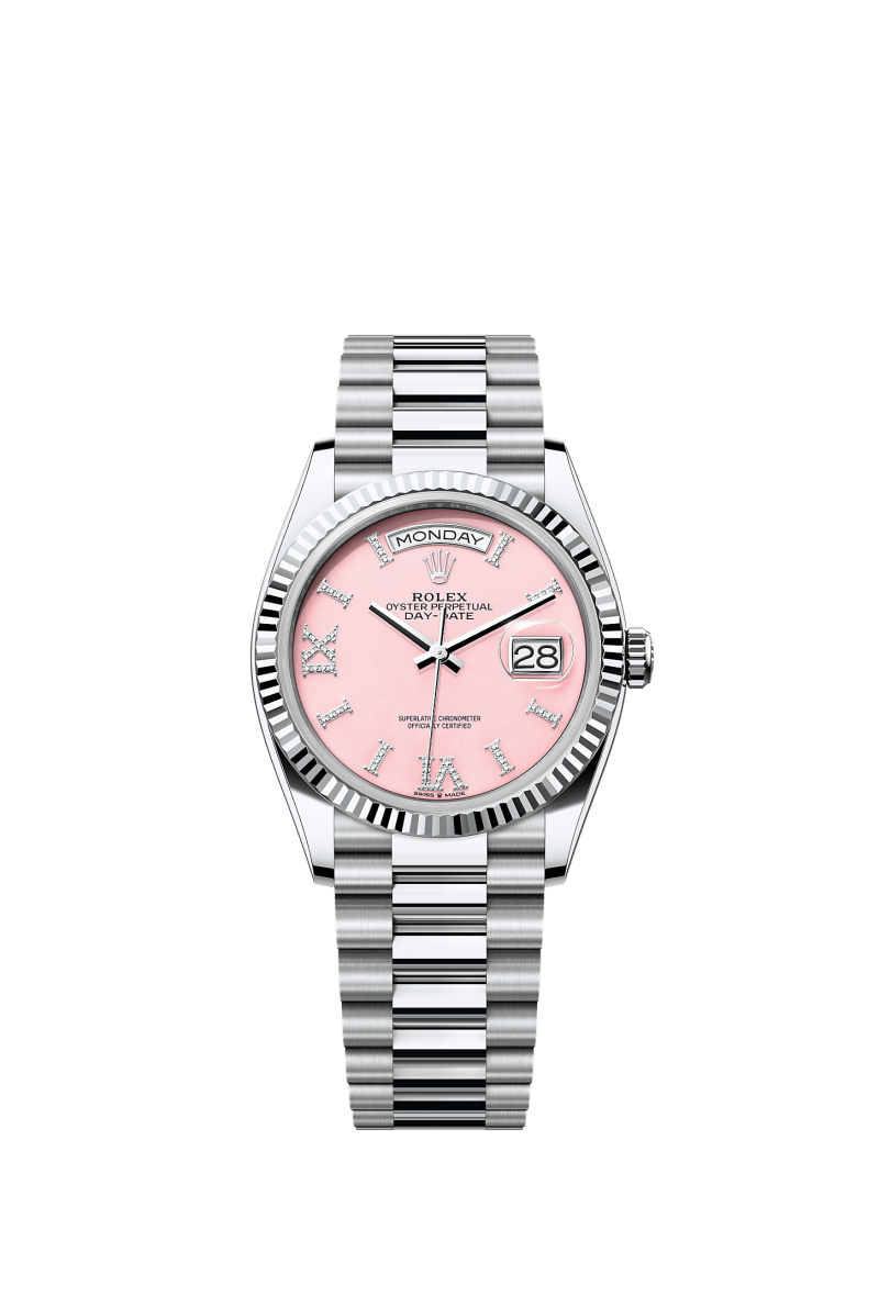 ROLEX DAY-DATE 36MM PLATINUM PINK ROMAN DIAMOND DIAL FLUTED BEZEL PRESIDENT BRACELET 128236