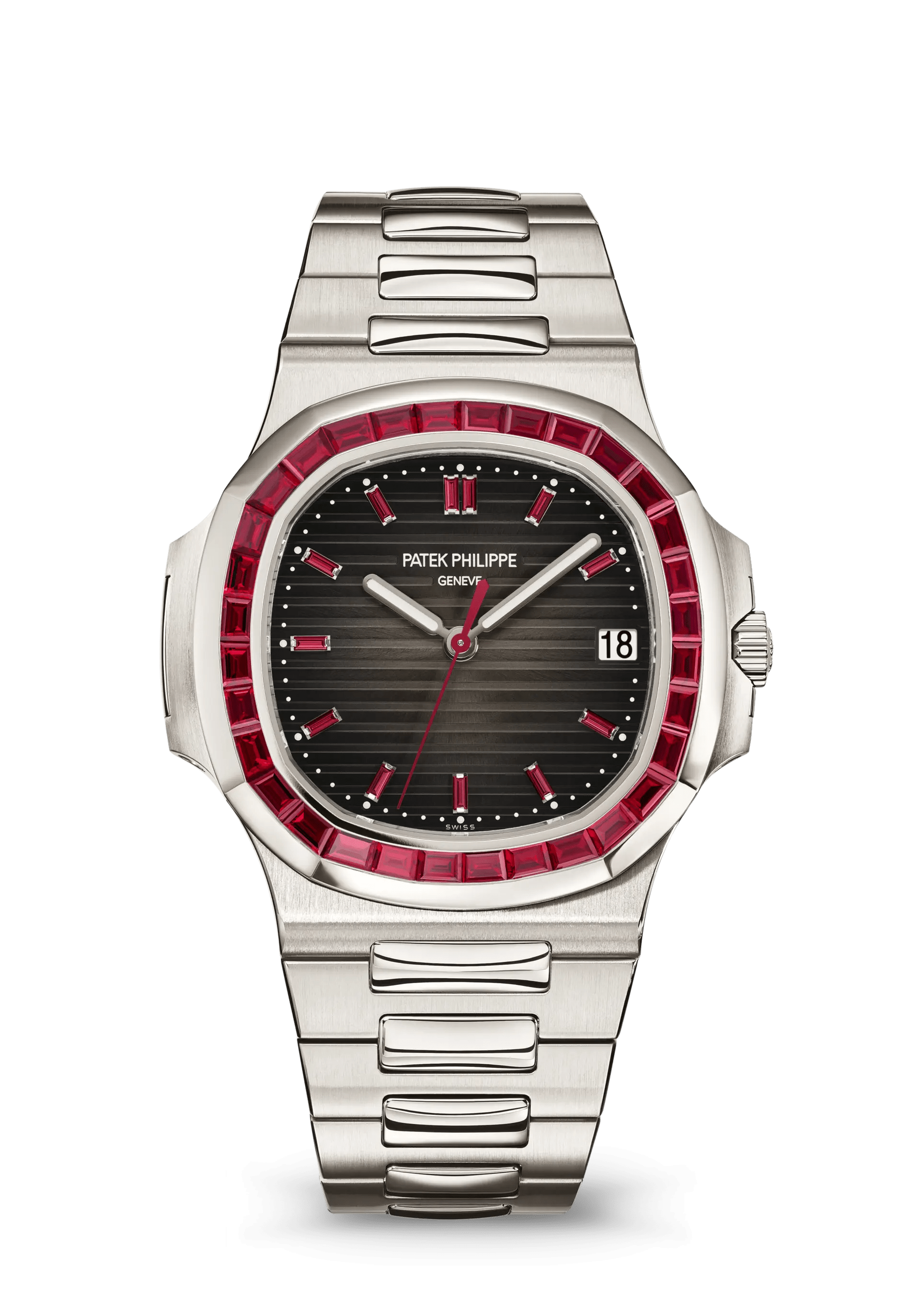 PATEK PHILIPPE NAUTILUS JOAILLERIE 40MM PLATINUM CHARCOAL GRAY DIAL RUBY BEZEL – 5711/112P-001