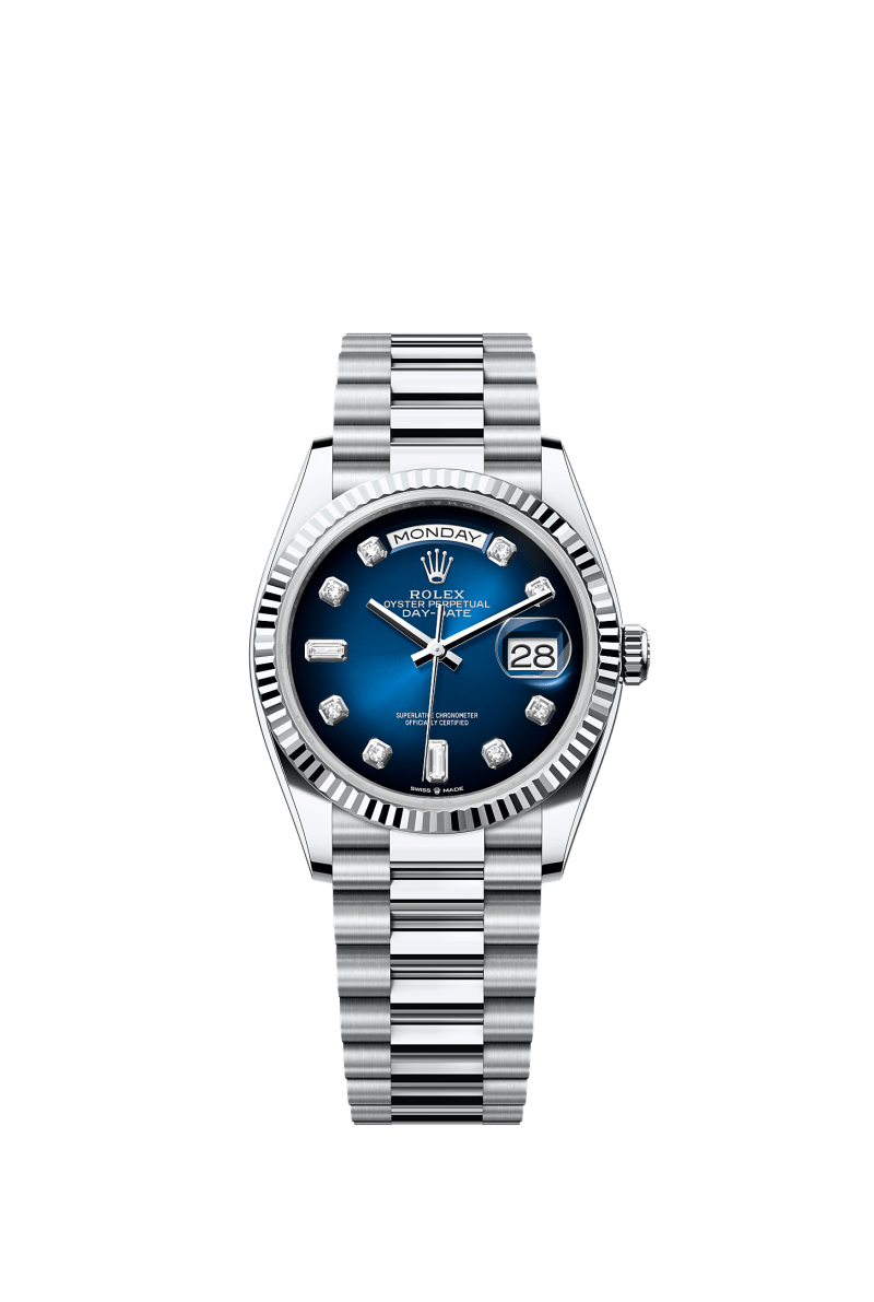 ROLEX DAY-DATE 36MM PLATINUM BLUE OMBRE DIAMOND DIAL FLUTED BEZEL PRESIDENT BRACELET 128236