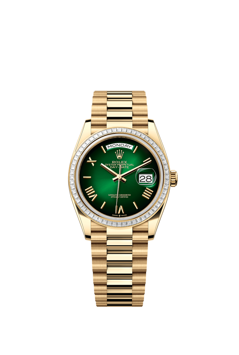 ROLEX DAY-DATE 36MM YELLOW GOLD GREEN OMBRE ROMAN DIAL TRAPEZE DIAMOND BEZEL PRESIDENT BRACELET 128398TBR