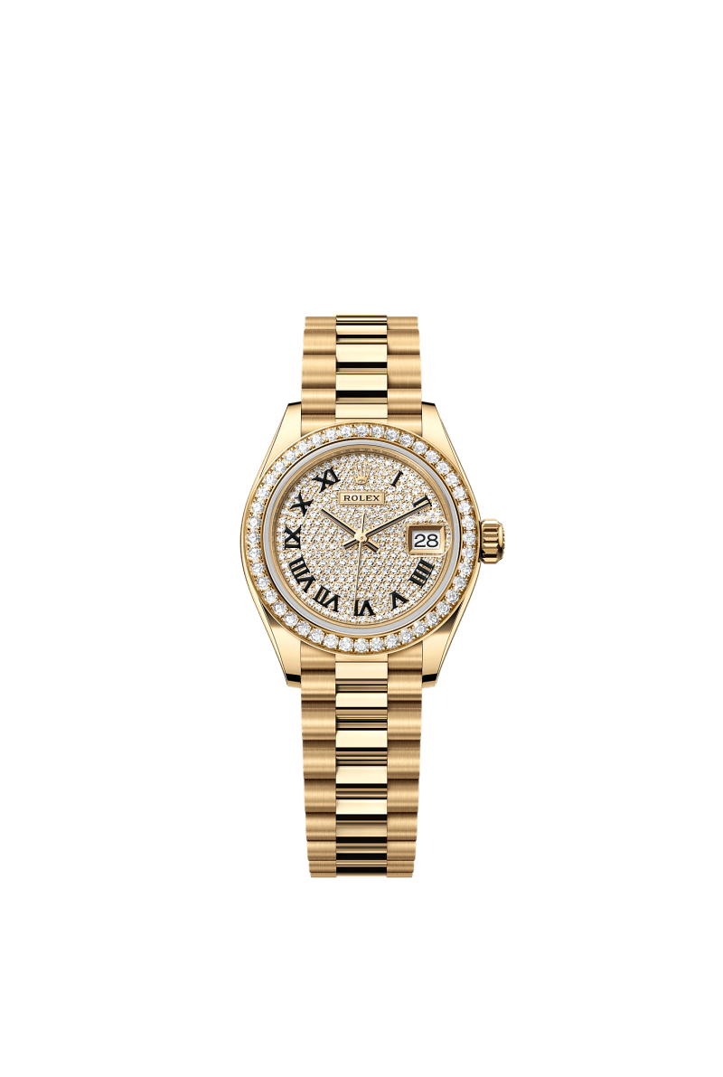 ROLEX LADY-DATEJUST 28MM YELLOW GOLD CHAMPAGNE DIAMOND-PAVED DIAL DIAMOND-SET BEZEL PRESIDENT BRACELET 279138RBR
