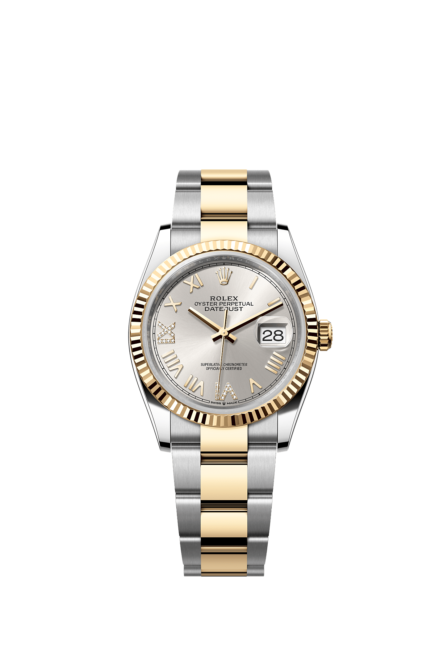 ROLEX DATEJUST 36MM TWO-TONE YELLOW GOLD SILVER ROMAN DIAMOND DIAL FLUTED BEZEL OYSTER BRACELET 126233