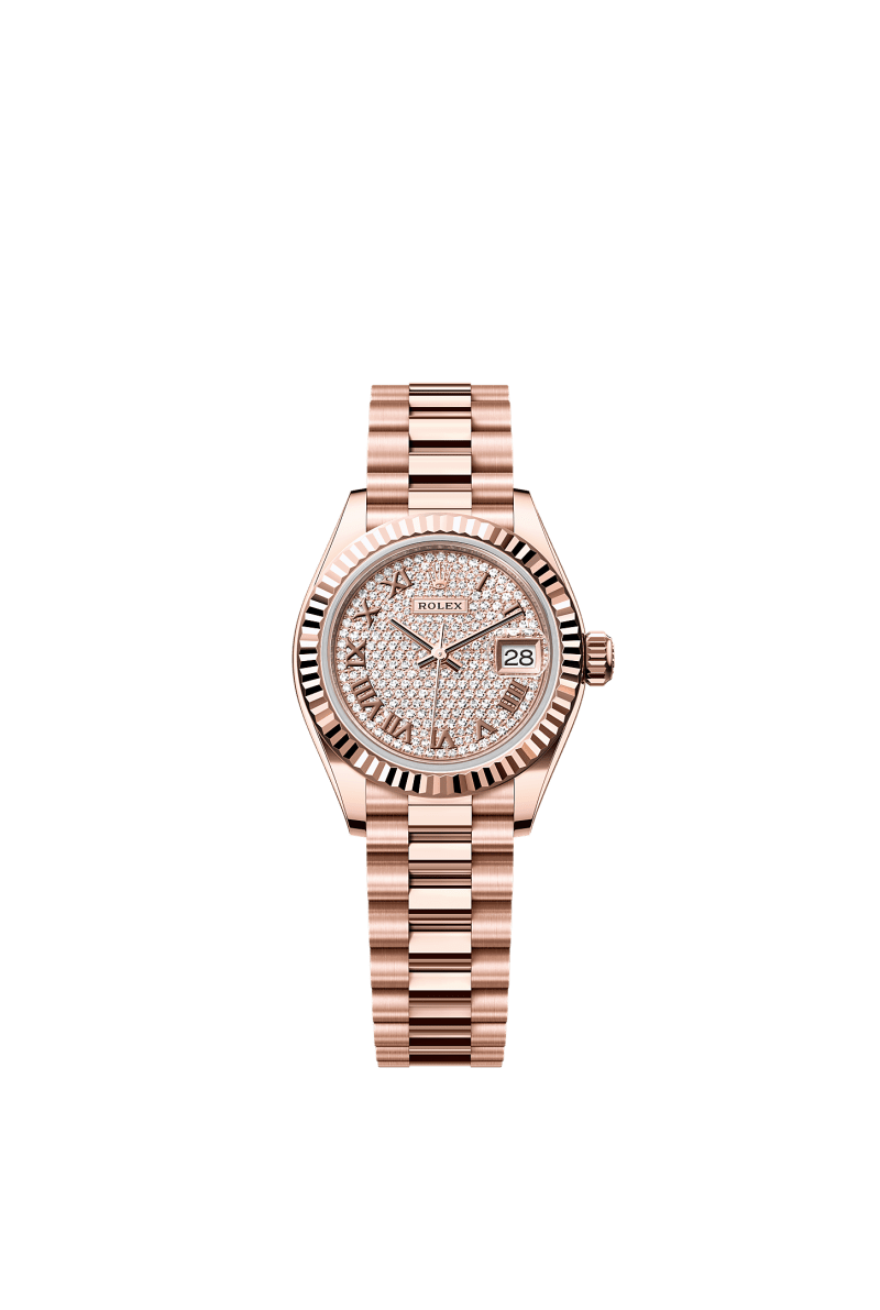 ROLEX LADY-DATEJUST 28MM EVEROSE GOLD DIAMOND-PAVED DIAL FLUTED BEZEL PRESIDENT BRACELET 279175