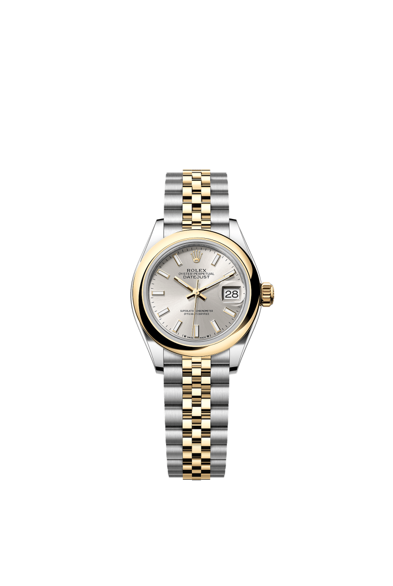 ROLEX LADY-DATEJUST 28MM TWO-TONE YELLOW GOLD SILVER INDEX DIAL DOMED BEZEL JUBILEE BRACELET 279163