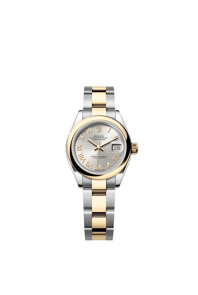 ROLEX LADY-DATEJUST 28MM TWO-TONE YELLOW GOLD SILVER ROMAN DIAL DOMED BEZEL OYSTER BRACELET 279163