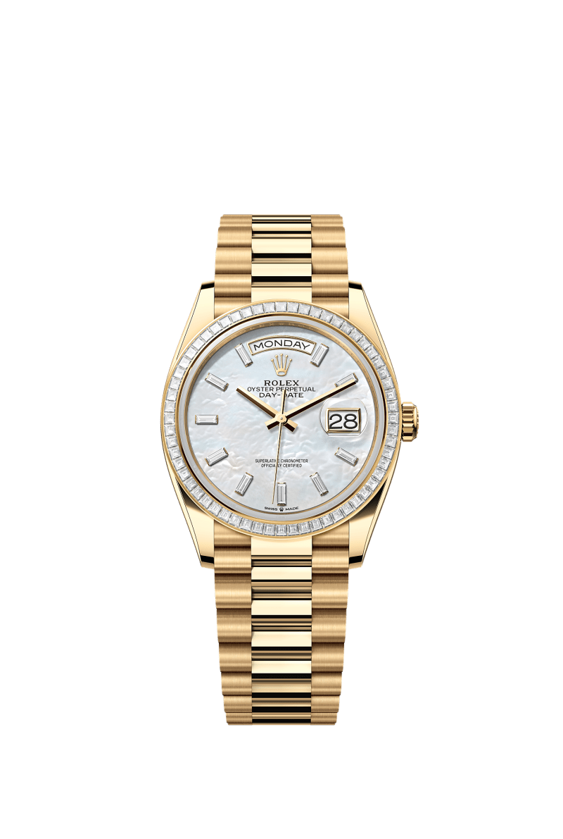 ROLEX DAY-DATE 36MM YELLOW GOLD MOTHER OF PEARL DIAMOND BAGUETTE DIAL TRAPEZE DIAMOND BEZEL PRESIDENT BRACELET 128398TBR