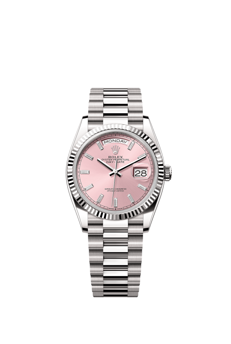 ROLEX DAY-DATE 36MM WHITE GOLD PINK DIAMOND BAGUETTE DIAL FLUTED BEZEL PRESIDENT BRACELET 128239