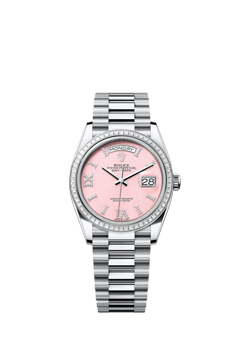 ROLEX DAY-DATE 36MM PLATINUM PINK ROMAN DIAMOND DIAL TRAPEZE DIAMOND BEZEL PRESIDENT BRACELET 128396TBR