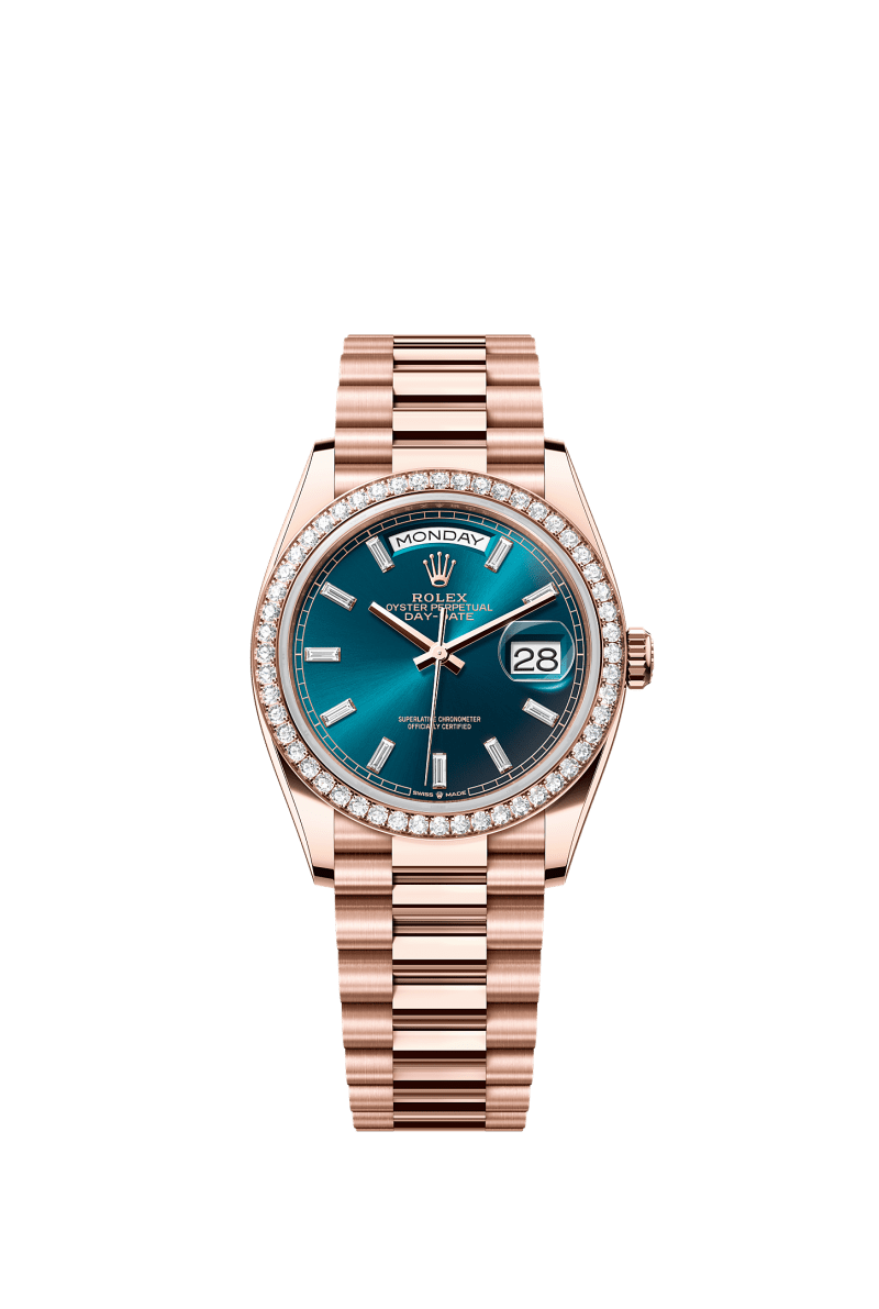 ROLEX DAY-DATE 36MM EVEROSE GOLD BLUE-GREEN DIAMOND BAGUETTE DIAL DIAMOND BEZEL PRESIDENT BRACELET 128345RBR