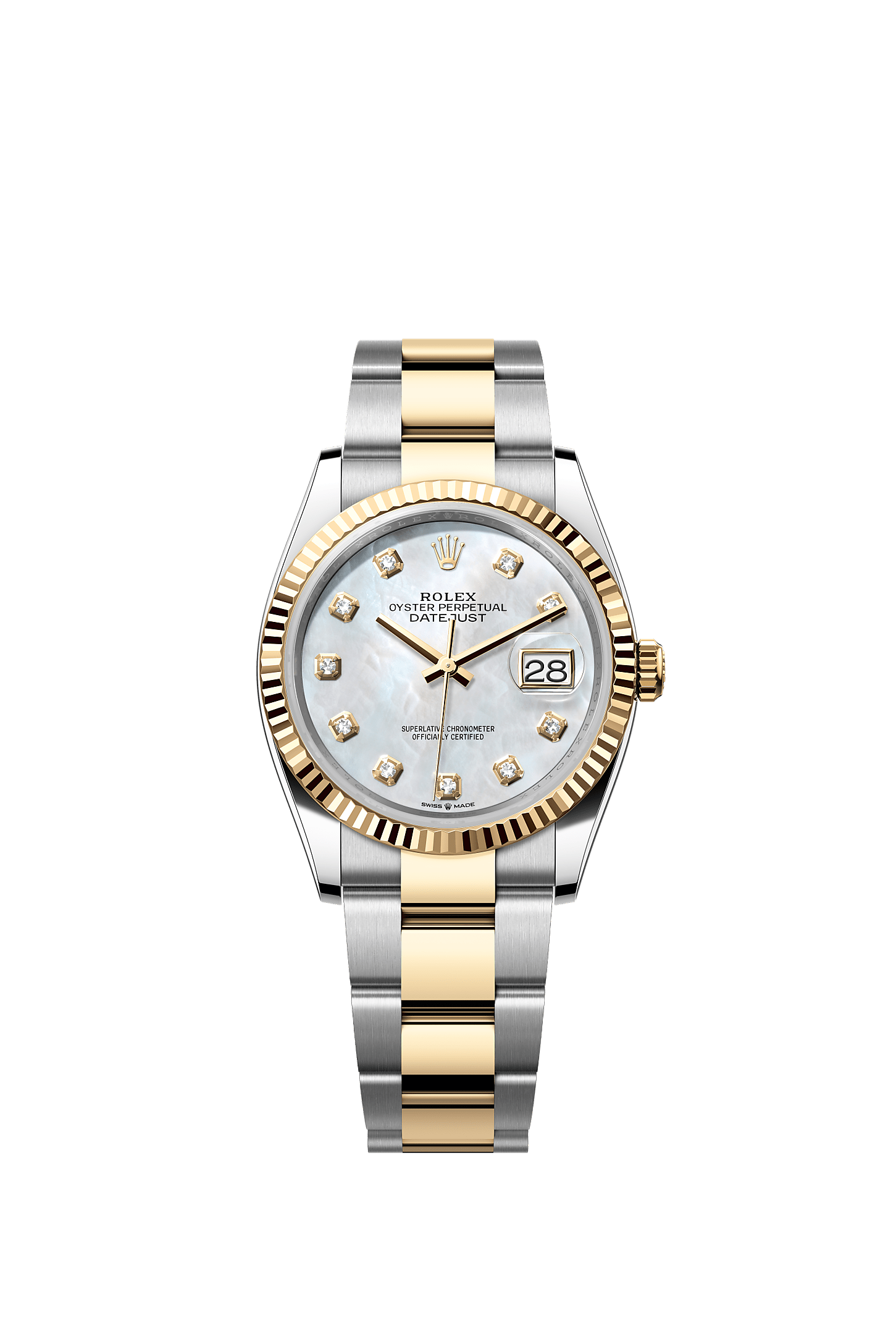 ROLEX DATEJUST 36MM TWO-TONE YELLOW GOLD MOTHER OF PEARL DIAMOND DIAL FLUTED BEZEL OYSTER BRACELET 126233