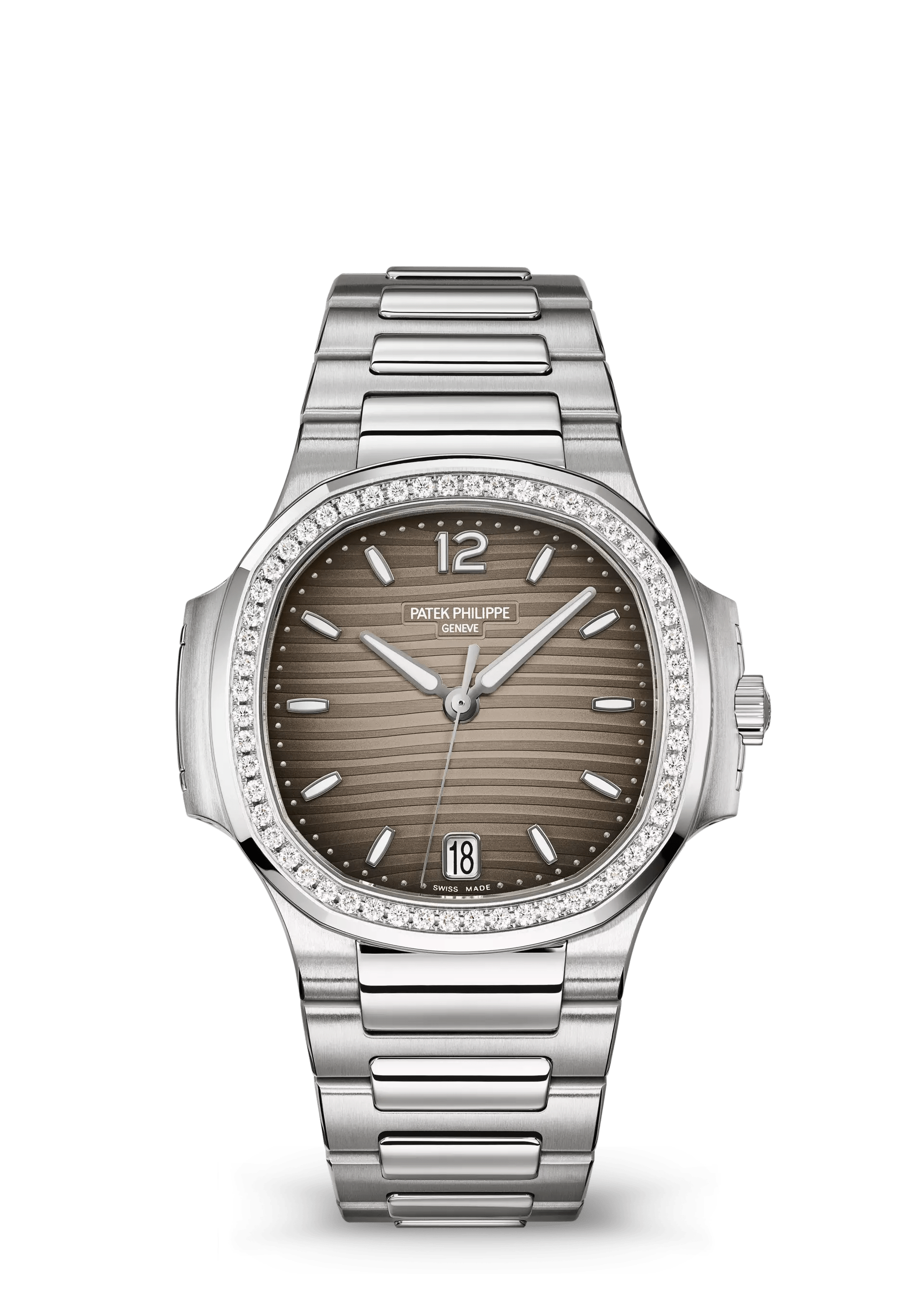 PATEK PHILIPPE NAUTILUS LADIES 35.2MM STEEL GRAY OPALINE DIAL DIAMOND BEZEL – 7118/1200A-011