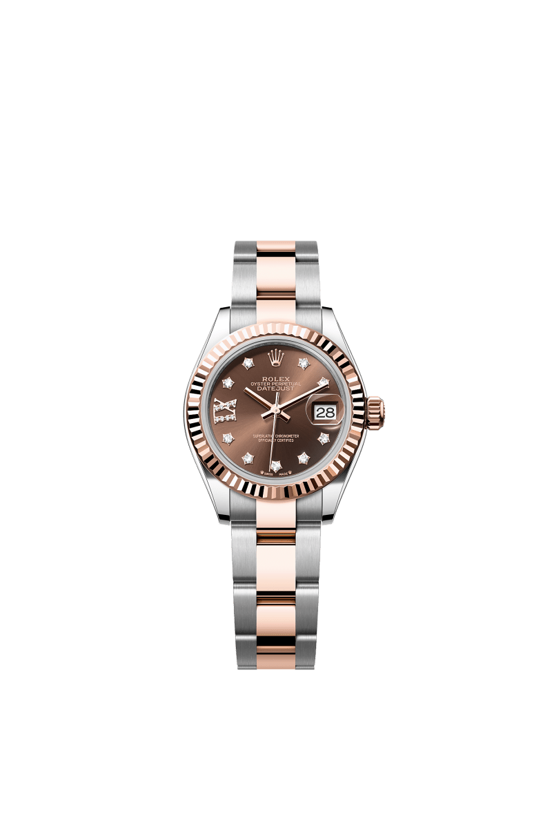 ROLEX LADY-DATEJUST 28MM TWO-TONE EVEROSE GOLD CHOCOLATE STAR DIAMOND DIAL FLUTED BEZEL OYSTER BRACELET 279171