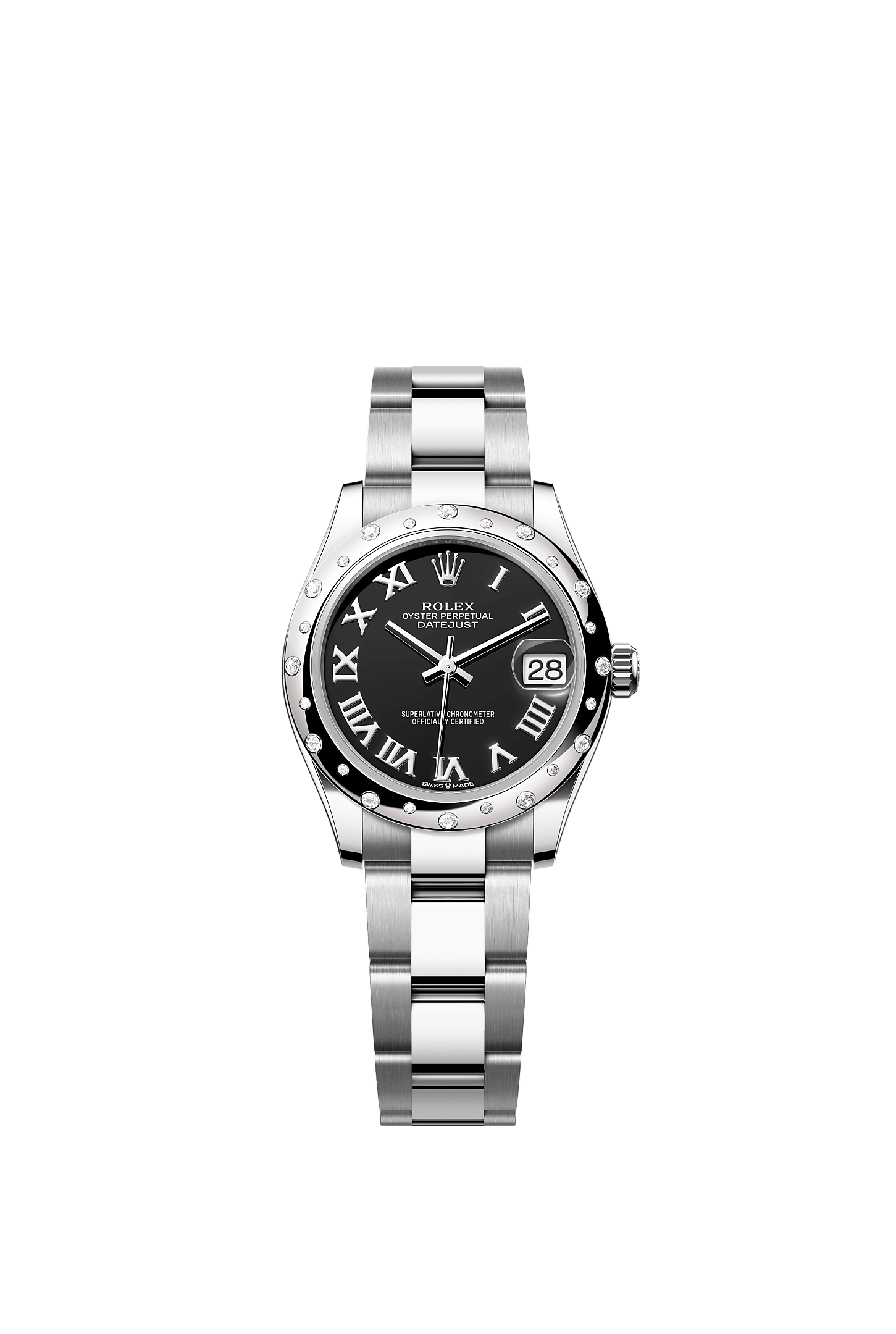 ROLEX LADY-DATEJUST 31MM BLACK ROMAN DIAL DIAMOND-SET SMOOTH DOMED BEZEL OYSTER BRACELET 278344RBR