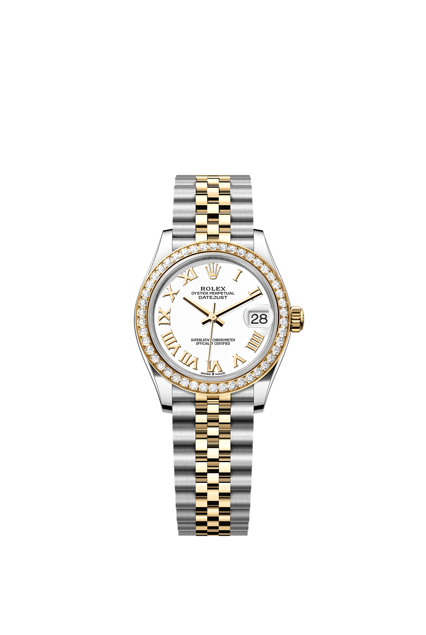 ROLEX LADY-DATEJUST 31MM TWO-TONE YELLOW GOLD WHITE ROMAN DIAL DIAMOND BEZEL JUBILEE BRACELET 278383RBR