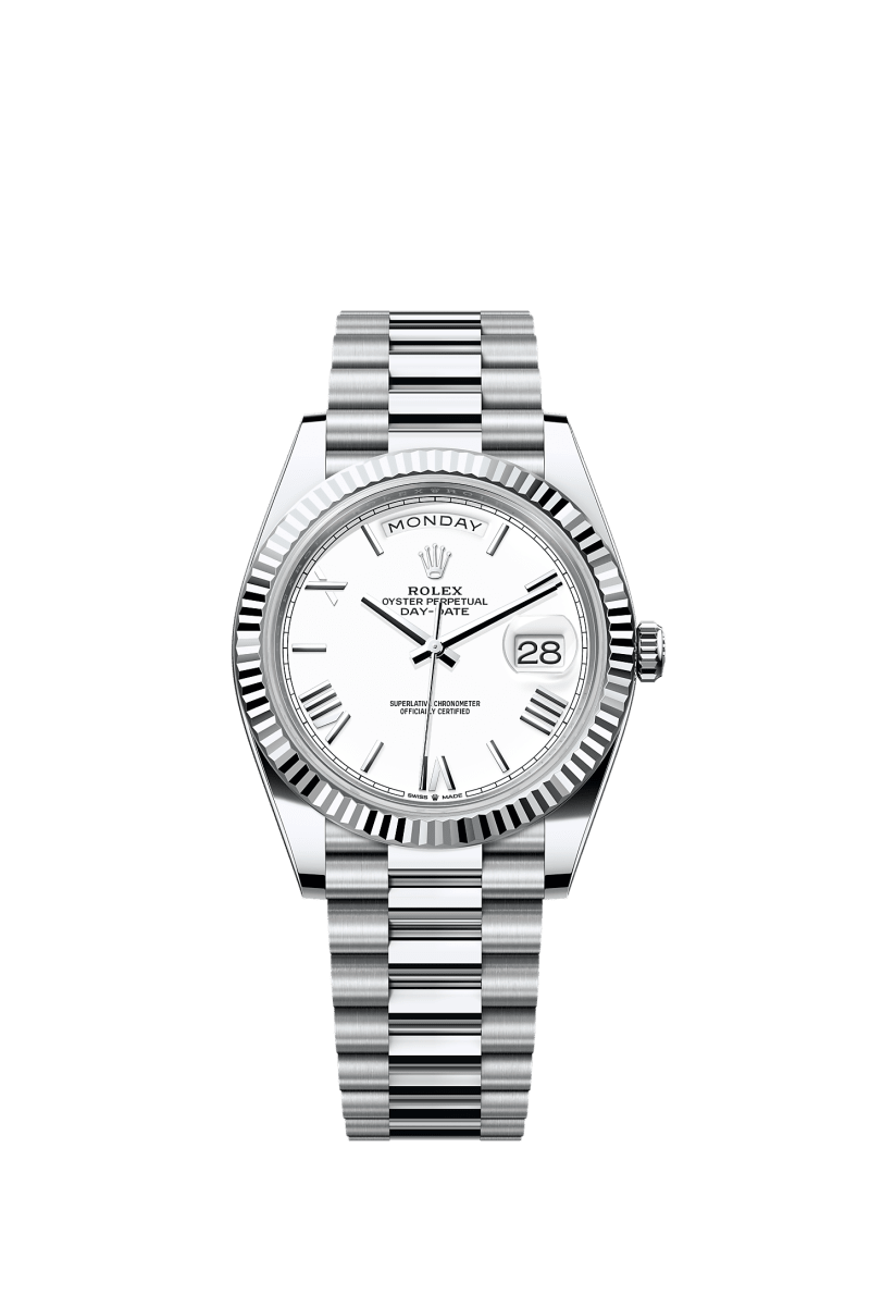 ROLEX DAY-DATE 40MM PLATINUM WHITE ROMAN DIAL FLUTED BEZEL PRESIDENT BRACELET 228236