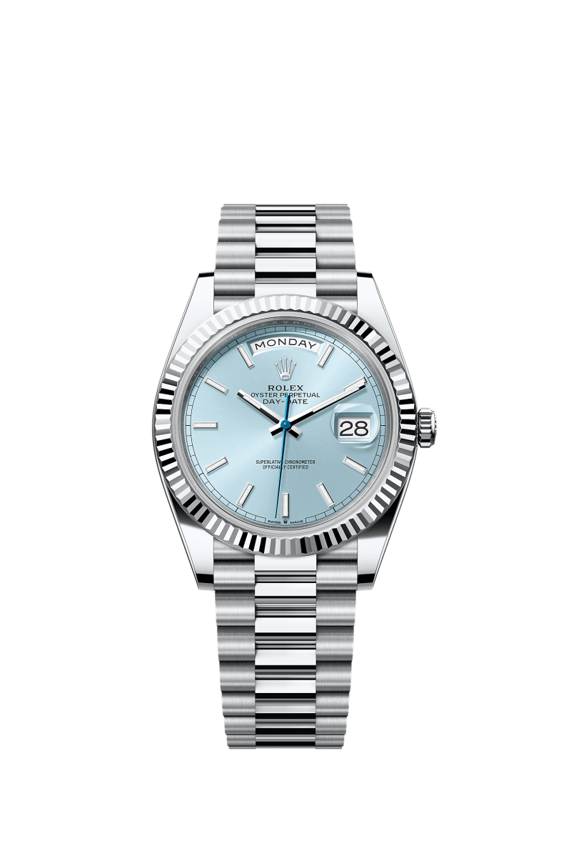 ROLEX DAY-DATE 40MM PLATINUM ICE BLUE INDEX DIAL FLUTED BEZEL PRESIDENT BRACELET 228236