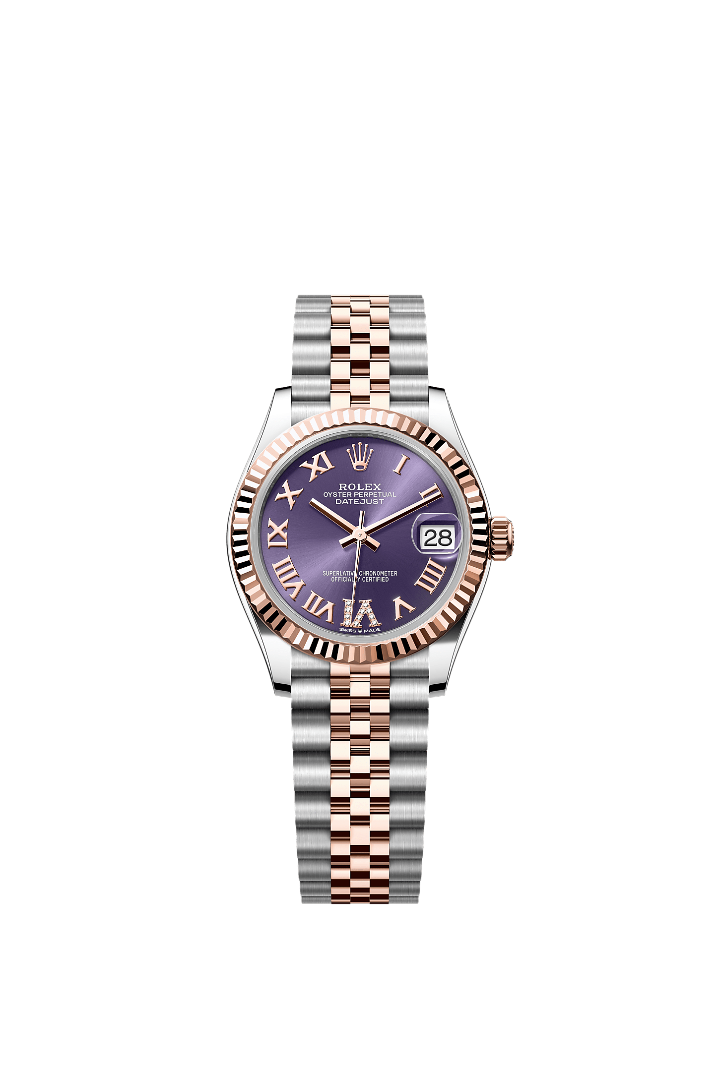 ROLEX LADY-DATEJUST 31MM TWO-TONE EVEROSE GOLD AUBERGINE ROMAN DIAMOND DIAL FLUTED BEZEL JUBILEE BRACELET 278271