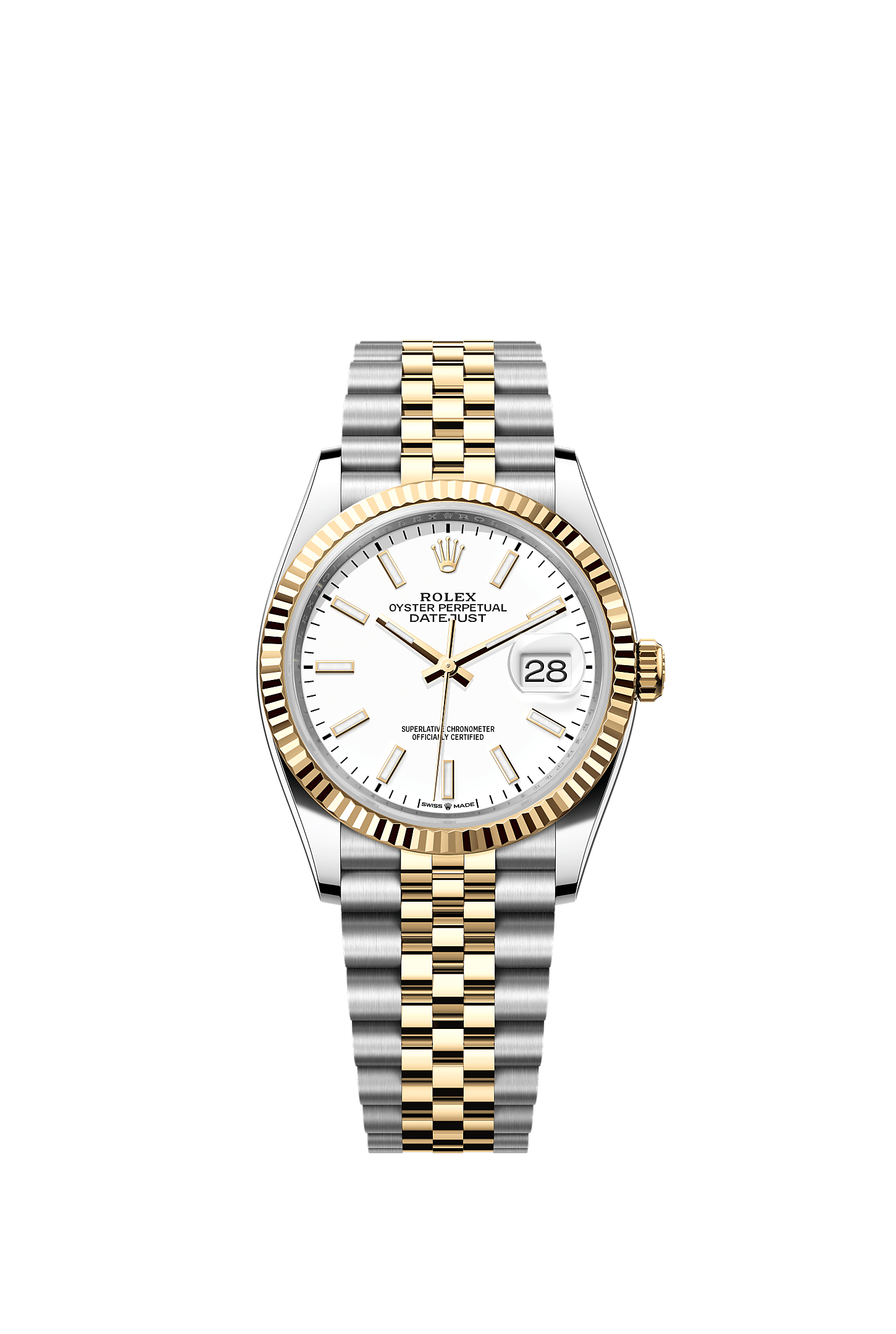 Rolex Datejust 36mm Two-Tone Yellow Gold White Index Dial Fluted Bezel Jubilee Bracelet 126233
