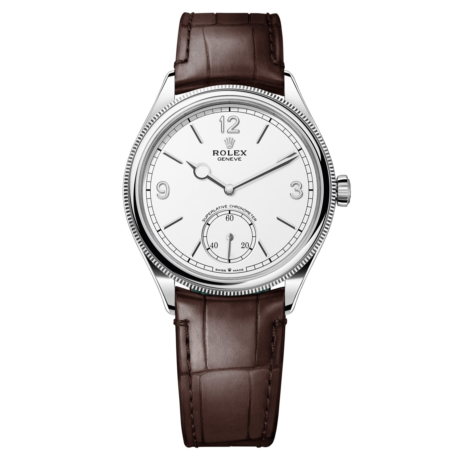 ROLEX 1908 WHITE GOLD WHITE DIAL BROWN ALLIGATOR STRAP 52509
